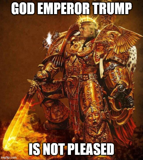 God Emperor Trump | GOD EMPEROR TRUMP; IS NOT PLEASED | image tagged in god emperor trump | made w/ Imgflip meme maker