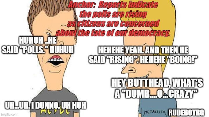 Beavis and Butthead Discuss Election | Anchor:  Reports indicate the polls are rising as citizens are concerned about the fate of our democracy. HUHUH ..HE SAID "POLLS." HUHUH; HEHEHE YEAH. AND THEN HE SAID "RISING". HEHEHE "BOING!"; HEY BUTTHEAD, WHAT'S A "DUMB....O...CRAZY"; UH...UH. I DUNNO. UH HUH; RUDEBOYRG | image tagged in beavis butthead,election,democracy,polls | made w/ Imgflip meme maker