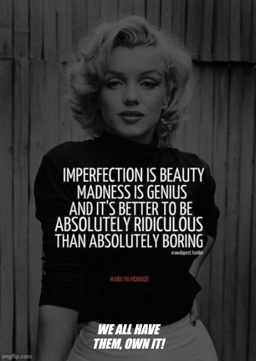 Imperfections, can you handle it... | WE ALL HAVE THEM, OWN IT! | image tagged in beauty,madness,genius,riding,boring,marilyn monroe | made w/ Imgflip meme maker