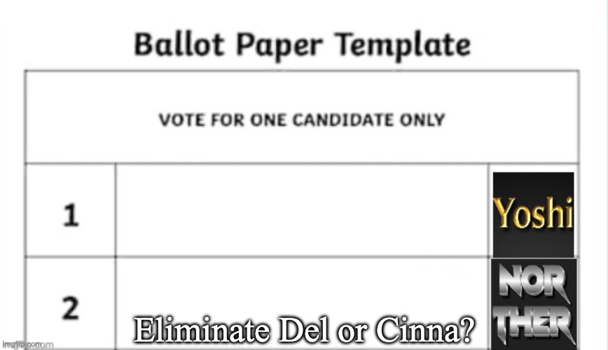 Yoshi x Norther shared temp | Eliminate Del or Cinna? | image tagged in yoshi x norther shared temp,voting game s3 | made w/ Imgflip meme maker