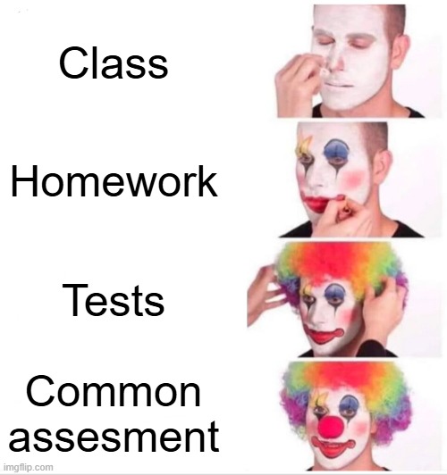 Clown Applying Makeup | Class; Homework; Tests; Common assesment | image tagged in memes,clown applying makeup | made w/ Imgflip meme maker