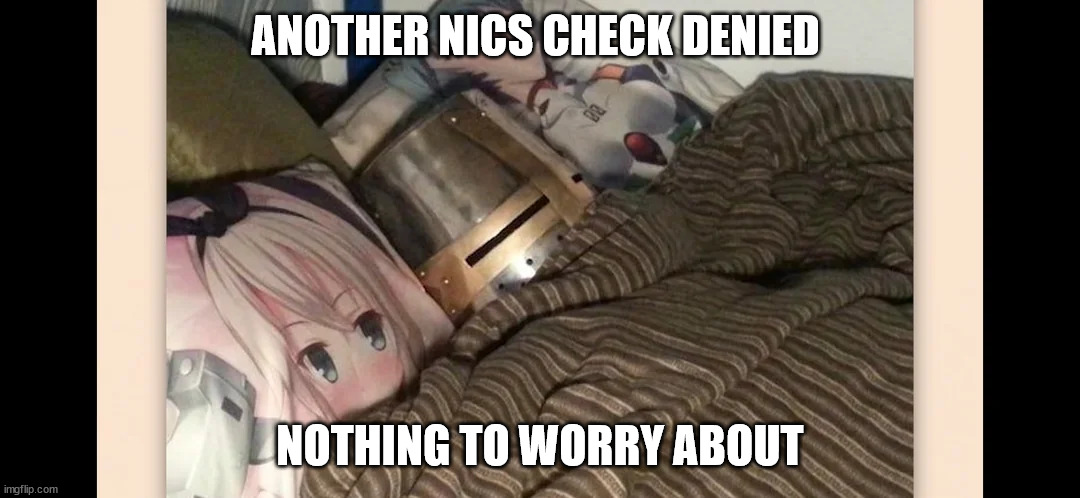 NICS | ANOTHER NICS CHECK DENIED; NOTHING TO WORRY ABOUT | image tagged in funny | made w/ Imgflip meme maker