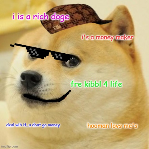 Doge | i is a rich doge; i's a money maker; fre kibbl 4 life; deal wih it, u dont go money; hooman lovs me's | image tagged in memes,doge | made w/ Imgflip meme maker