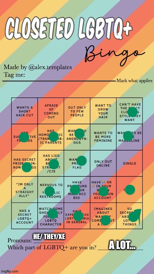 I’m not even closeted but… | HE/ THEY/XE; A LOT… | image tagged in closeted lgbtq bingo | made w/ Imgflip meme maker