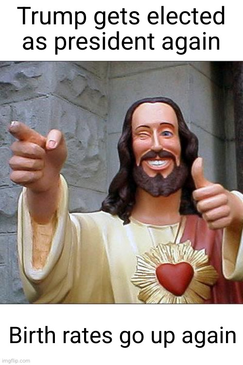 more babies get to live WWW | Trump gets elected as president again; Birth rates go up again | image tagged in memes,buddy christ,politics,trump,so true,babies | made w/ Imgflip meme maker