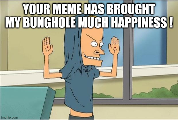 Beavis Cornholio | YOUR MEME HAS BROUGHT MY BUNGHOLE MUCH HAPPINESS ! | image tagged in beavis cornholio | made w/ Imgflip meme maker