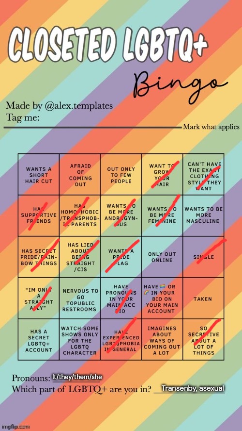 "It" in my opinion is a legitimate pronoun. Fight me. | It/they/them/she; Transenby, asexual | image tagged in closeted lgbtq bingo | made w/ Imgflip meme maker