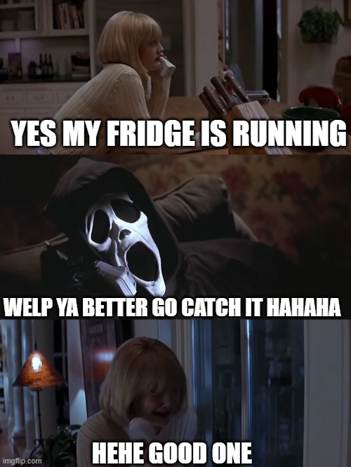 classic ghostface | YES MY FRIDGE IS RUNNING; WELP YA BETTER GO CATCH IT HAHAHA; HEHE GOOD ONE | image tagged in scream phone call | made w/ Imgflip meme maker