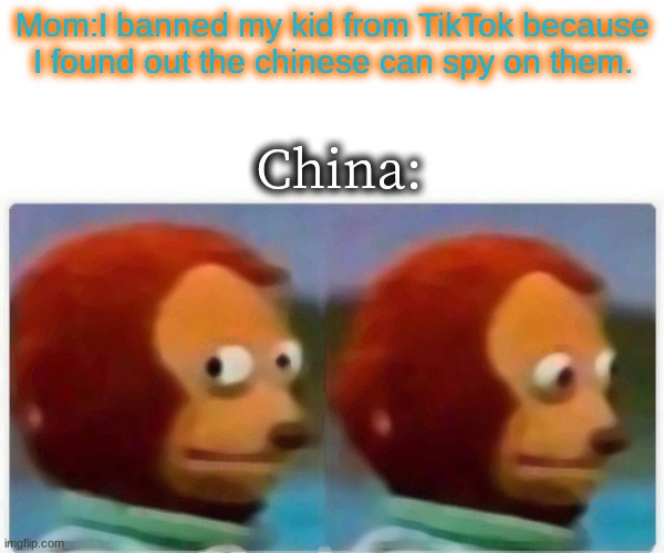 Monkey Puppet | Mom:I banned my kid from TikTok because I found out the chinese can spy on them. China: | image tagged in memes,monkey puppet | made w/ Imgflip meme maker