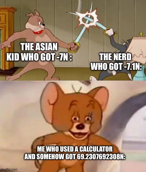 Tom and Jerry swordfight | THE ASIAN KID WHO GOT -7N :; THE NERD  WHO GOT -7.1N:; ME WHO USED A CALCULATOR AND SOMEHOW GOT 69.2307692308N: | image tagged in tom and jerry swordfight | made w/ Imgflip meme maker