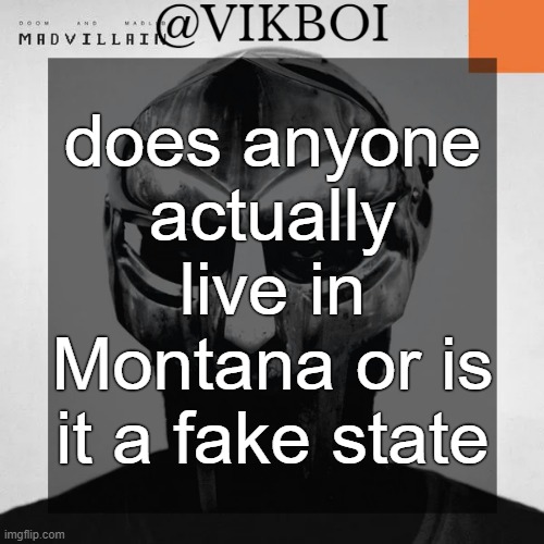 VIKBOI MADVILLAINY TEMPLATE | does anyone actually live in Montana or is it a fake state | image tagged in vikboi madvillainy template | made w/ Imgflip meme maker