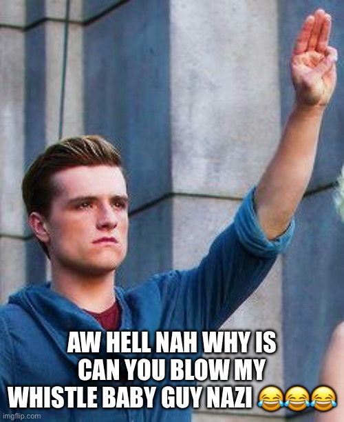 Peeta tribute | AW HELL NAH WHY IS CAN YOU BLOW MY WHISTLE BABY GUY NAZI 😂😂😂 | image tagged in peeta tribute | made w/ Imgflip meme maker