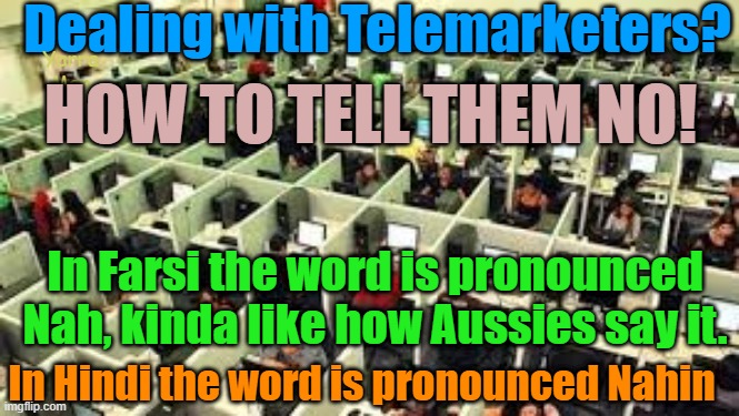 How to say NO to telemarketers, in Indian and Farsi! | Dealing with Telemarketers? Yarra Man; HOW TO TELL THEM NO! In Farsi the word is pronounced Nah, kinda like how Aussies say it. In Hindi the word is pronounced Nahin | image tagged in insurance,telstra,aldi,zurich,property mketers,racq | made w/ Imgflip meme maker