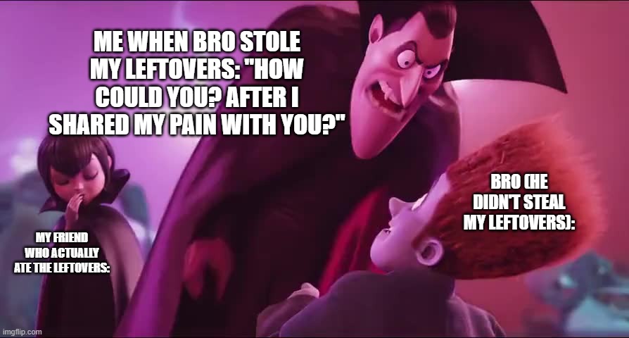 How could you? after I shared my pain with YOU! | ME WHEN BRO STOLE MY LEFTOVERS: "HOW COULD YOU? AFTER I SHARED MY PAIN WITH YOU?"; BRO (HE DIDN'T STEAL MY LEFTOVERS):; MY FRIEND WHO ACTUALLY ATE THE LEFTOVERS: | image tagged in how could you after i shared my pain with you | made w/ Imgflip meme maker