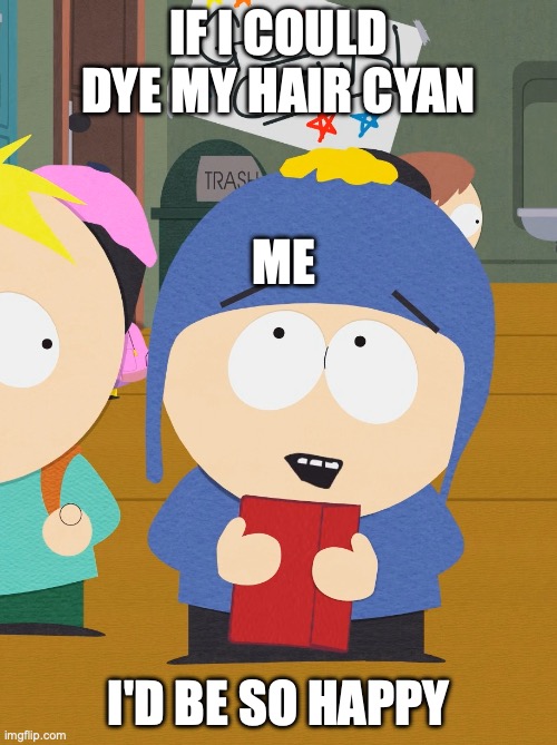 I wish I could dye my hair cyan | IF I COULD DYE MY HAIR CYAN; ME; I'D BE SO HAPPY | image tagged in south park craig i would be so happy | made w/ Imgflip meme maker