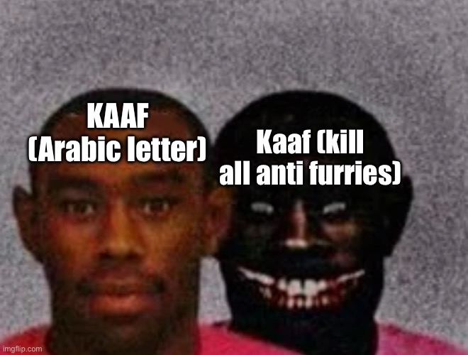 Arabic letter > death threat name hate group or whatever | KAAF (Arabic letter); Kaaf (kill all anti furries) | image tagged in good tyler and bad tyler,anti kaaf | made w/ Imgflip meme maker