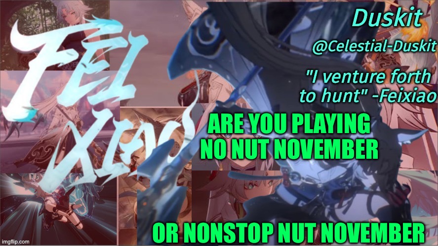 I’ll just say I haven’t lost | ARE YOU PLAYING NO NUT NOVEMBER; OR NONSTOP NUT NOVEMBER | image tagged in duskit's feixiao template | made w/ Imgflip meme maker