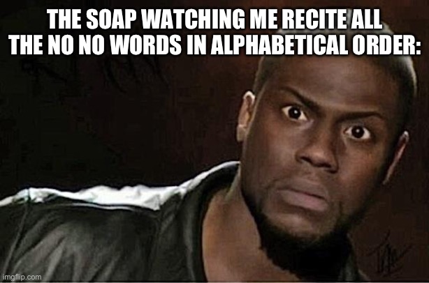 Kevin Hart | THE SOAP WATCHING ME RECITE ALL THE NO NO WORDS IN ALPHABETICAL ORDER: | image tagged in memes,kevin hart | made w/ Imgflip meme maker