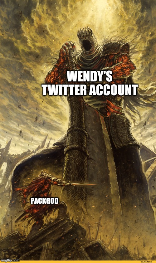 You don't f**k with Wendy's | WENDY'S TWITTER ACCOUNT; PACKGOD | image tagged in giant vs man | made w/ Imgflip meme maker