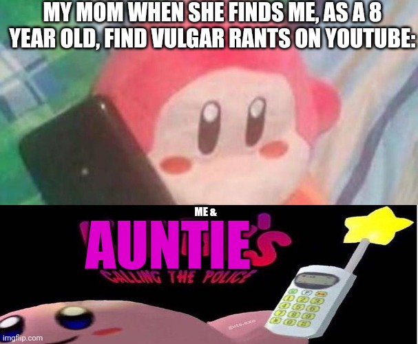 Waddle Dee Calls the Police | MY MOM WHEN SHE FINDS ME, AS A 8 YEAR OLD, FIND VULGAR RANTS ON YOUTUBE:; ME &; AUNTIE | image tagged in waddle dee calls the police,kirby's calling the police | made w/ Imgflip meme maker