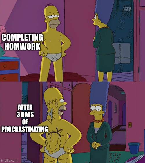 People think I am organized...... | COMPLETING HOMWORK; AFTER 3 DAYS OF PROCRASTINATING | image tagged in homer simpson's back fat,procrastination,people who don't know vs people who know,funny homework,homer simpson | made w/ Imgflip meme maker