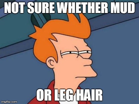 Those short sighted amongst us...this is the worst in the shower | NOT SURE WHETHER MUD OR LEG HAIR | image tagged in memes,futurama fry | made w/ Imgflip meme maker