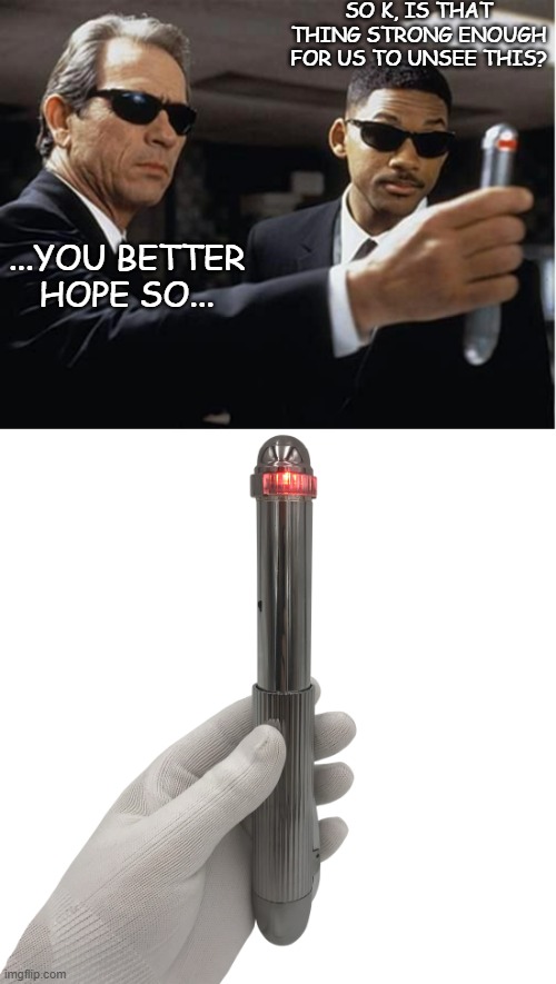 SO K, IS THAT THING STRONG ENOUGH FOR US TO UNSEE THIS? ...YOU BETTER HOPE SO... | image tagged in men in black,brain wash | made w/ Imgflip meme maker