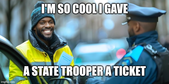 I'M SO COOL I GAVE; A STATE TROOPER A TICKET | image tagged in police,speeding ticket,bad drivers,cops,black man | made w/ Imgflip meme maker