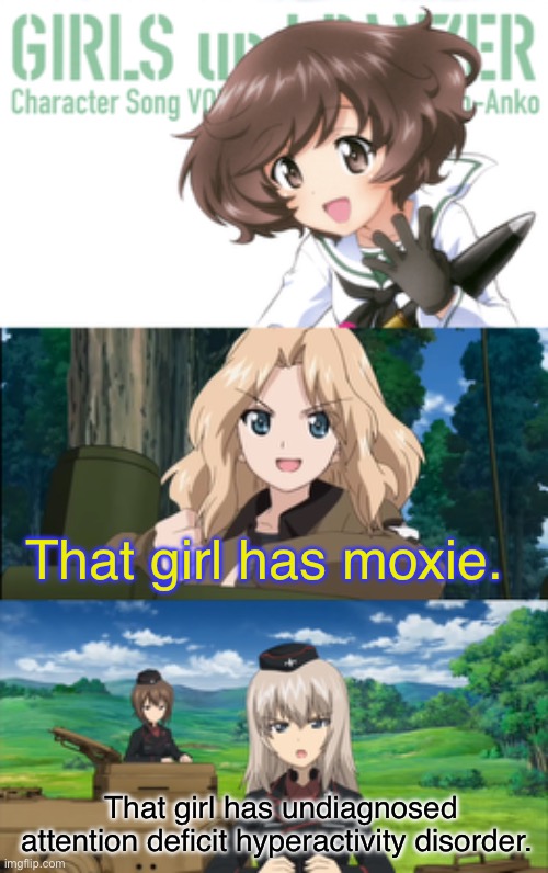 Duality of those exposed to the floof | That girl has moxie. That girl has undiagnosed attention deficit hyperactivity disorder. | image tagged in girls und panzer,venture bros,parody,meme,reference,adhd | made w/ Imgflip meme maker