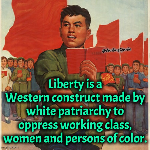 Liberty is racist | @darking2jarlie; Liberty is a Western construct made by white patriarchy to oppress working class, women and persons of color. | image tagged in maoist disclamer,socialism,marxism,communism,satire | made w/ Imgflip meme maker