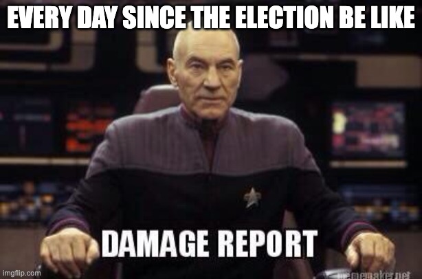 Damage Report Picard | EVERY DAY SINCE THE ELECTION BE LIKE | image tagged in damage report picard | made w/ Imgflip meme maker