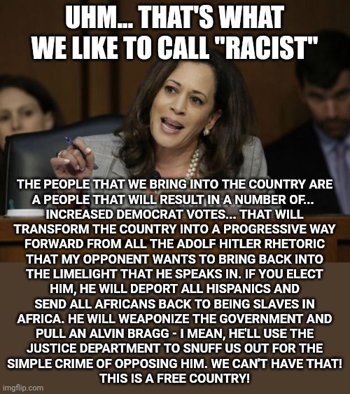 UHM... THAT'S WHAT WE LIKE TO CALL "RACIST" THE PEOPLE THAT WE BRING INTO THE COUNTRY ARE
A PEOPLE THAT WILL RESULT IN A NUMBER OF... 
INCRE | image tagged in kamala harris | made w/ Imgflip meme maker