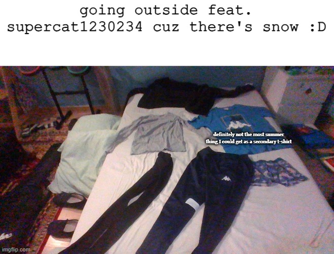 SNOW TIMEEEEE (I'll post the winter grind push-up challenge after that) | going outside feat. supercat1230234 cuz there's snow :D; definitely not the most summer thing I could get as a secondary t-shirt | made w/ Imgflip meme maker