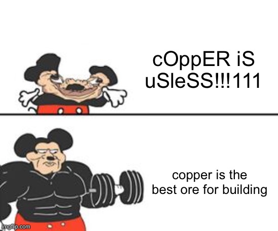 Buff Mokey | cOppER iS uSleSS!!!111 copper is the best ore for building | image tagged in buff mokey | made w/ Imgflip meme maker