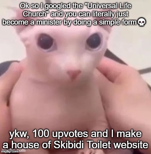 That has got to be a joke bro like nearly every religion would disapprove of that☠️ | Ok so I googled the "Universal Life Church" and you can literally just become a minister by doing a simple form💀; ykw, 100 upvotes and I make a house of Skibidi Toilet website | image tagged in bingus | made w/ Imgflip meme maker