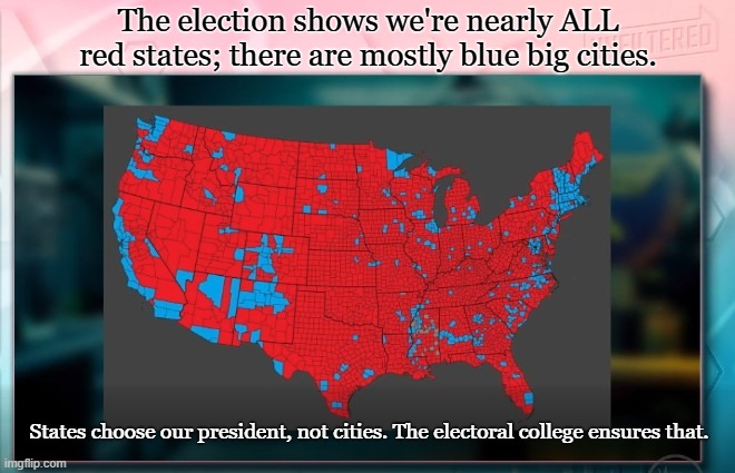 This is why Democrats hate and try to undermine the Constitution | The election shows we're nearly ALL red states; there are mostly blue big cities. States choose our president, not cities. The electoral college ensures that. | image tagged in election,democrats,conservatives | made w/ Imgflip meme maker