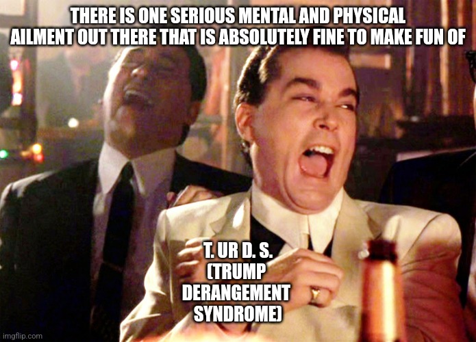 T.d.s. Trump liberals | THERE IS ONE SERIOUS MENTAL AND PHYSICAL AILMENT OUT THERE THAT IS ABSOLUTELY FINE TO MAKE FUN OF; T. UR D. S.
(TRUMP 
DERANGEMENT 
SYNDROME) | image tagged in memes,good fellas hilarious | made w/ Imgflip meme maker