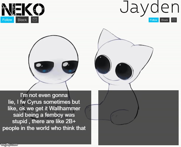 In some countries you'll even be executing for crossdressing | I'm not even gonna lie, I fw Cyrus sometimes but like, ok we get it Wallhammer said being a femboy was stupid , there are like 2B+ people in the world who think that | image tagged in jayden and neko shared temp | made w/ Imgflip meme maker