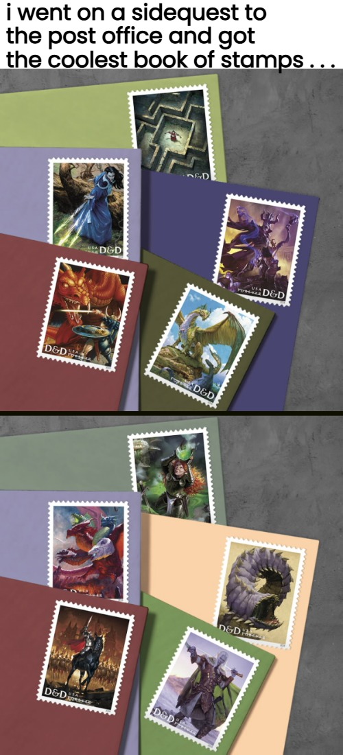 i went on a sidequest to the post office and got the coolest book of stamps . . . | made w/ Imgflip meme maker