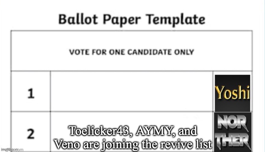 The vote for the revive will be later today | Toelicker43, AYMY, and Veno are joining the revive list | image tagged in yoshi x norther shared temp,voting game s3 | made w/ Imgflip meme maker