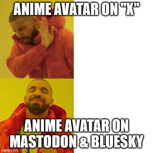 Anime avatars and social media | ANIME AVATAR ON "X"; ANIME AVATAR ON MASTODON & BLUESKY | image tagged in drake like-dislike | made w/ Imgflip meme maker