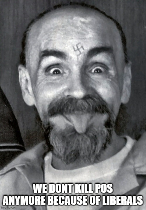 Charles Manson | WE DONT KILL POS ANYMORE BECAUSE OF LIBERALS | image tagged in charles manson | made w/ Imgflip meme maker