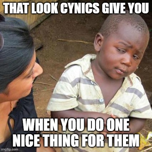 Cynics in a nutshell: | THAT LOOK CYNICS GIVE YOU; WHEN YOU DO ONE NICE THING FOR THEM | image tagged in memes,third world skeptical kid,i have no idea what i am doing,they love me | made w/ Imgflip meme maker