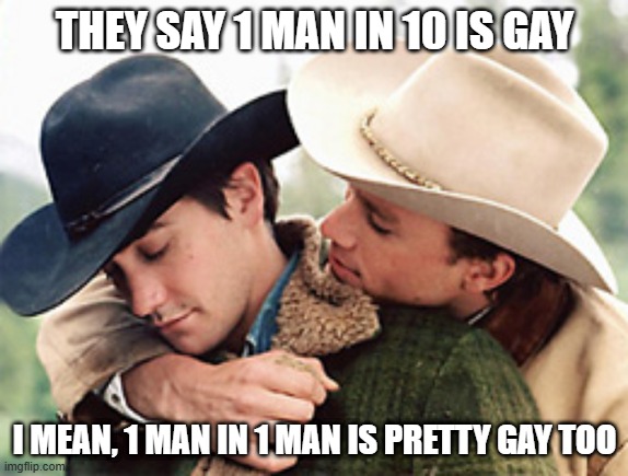 You Are Gay | THEY SAY 1 MAN IN 10 IS GAY; I MEAN, 1 MAN IN 1 MAN IS PRETTY GAY TOO | image tagged in gay cowboy | made w/ Imgflip meme maker