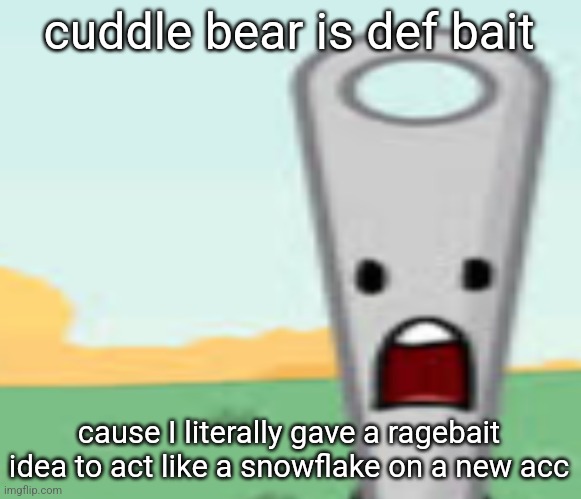 needle | cuddle bear is def bait; cause I literally gave a ragebait idea to act like a snowflake on a new acc | image tagged in needle | made w/ Imgflip meme maker