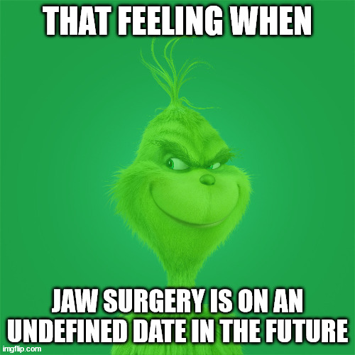 slightly more green grinch | THAT FEELING WHEN; JAW SURGERY IS ON AN UNDEFINED DATE IN THE FUTURE | image tagged in slightly more green grinch | made w/ Imgflip meme maker
