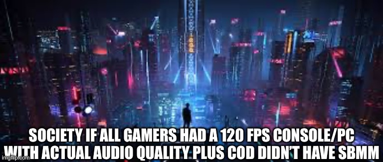 Tru | SOCIETY IF ALL GAMERS HAD A 120 FPS CONSOLE/PC WITH ACTUAL AUDIO QUALITY PLUS COD DIDN’T HAVE SBMM | image tagged in oh wow are you actually reading these tags,wow this is garbage you actually like this,stop reading the tags | made w/ Imgflip meme maker