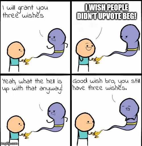 Is this a good meme? | I WISH PEOPLE DIDN'T UPVOTE BEG! | image tagged in you still have 3 wishes | made w/ Imgflip meme maker