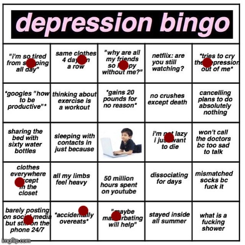 Depression bingo | image tagged in depression bingo | made w/ Imgflip meme maker