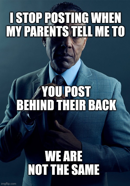 Gus Fring we are not the same | I STOP POSTING WHEN MY PARENTS TELL ME TO YOU POST BEHIND THEIR BACK WE ARE NOT THE SAME | image tagged in gus fring we are not the same | made w/ Imgflip meme maker